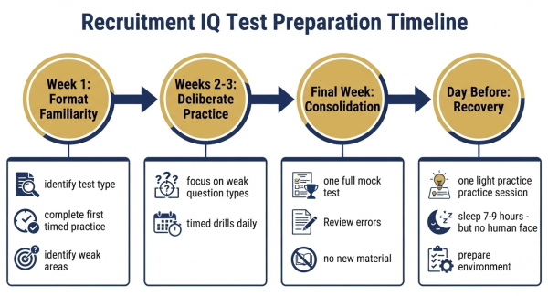 Recruitment IQ test preparation timeline — weeks 1 through 4 and final days