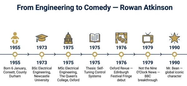 Timeline showing Rowan Atkinson transition from electrical engineering at Oxford to comedy career