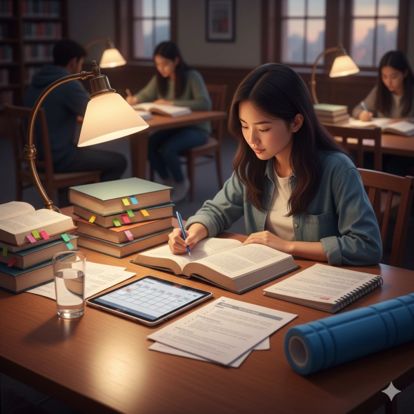 Student preparing for the SAT through studying, practice tests, and academic materials