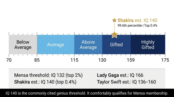 Shakira IQ 140 on the population distribution scale at the 99.6th percentile