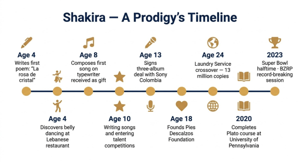 Timeline of Shakira early life from writing first poem at age 4 to Sony deal at 13 to global stardom