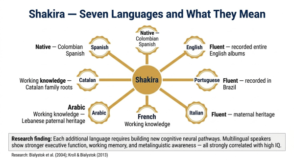 Overview of Shakira seven languages and what multilingual ability tells us about cognitive intelligence