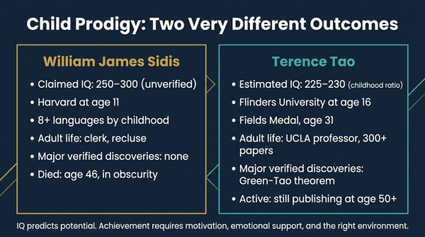 Comparison of William James Sidis and Terence Tao showing how childhood IQ alone does not predict adult achievement