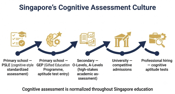 Singapore education system and cognitive assessment culture — GEP, PSLE, A-Levels creating aptitude-test familiarity