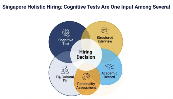 Singapore holistic hiring — cognitive tests combined with interviews, GPA, personality, and EQ