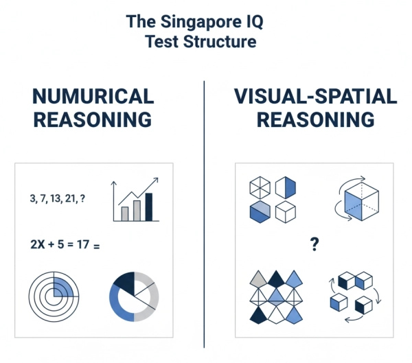 Structure of the Singapore IQ Test showing numerical reasoning and visual spatial reasoning sections
