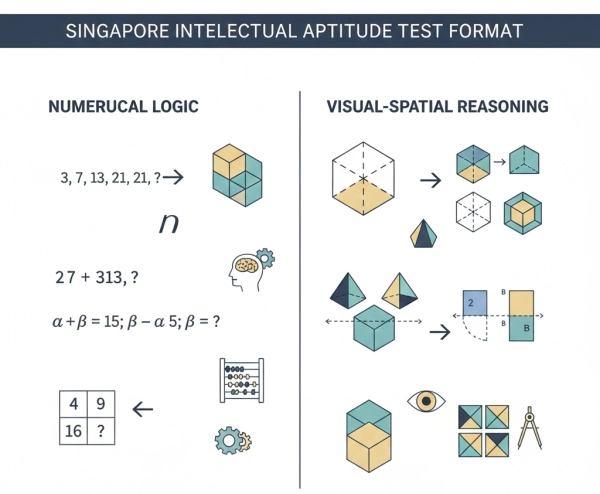 Format of the Singapore University IQ Test showing numerical logic and visual spatial reasoning sections