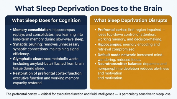 Diagram showing what happens in the brain during sleep deprivation explaining memory consolidation and prefrontal cortex effects