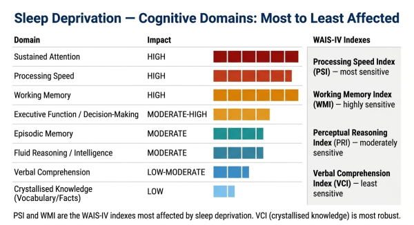 Chart showing the relative impact of sleep deprivation on different cognitive domains from most to least affected