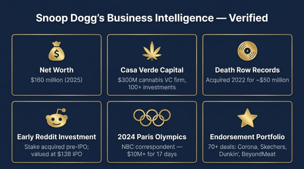 Overview of Snoop Dogg business empire showing net worth investments and brand deals as evidence of intelligence