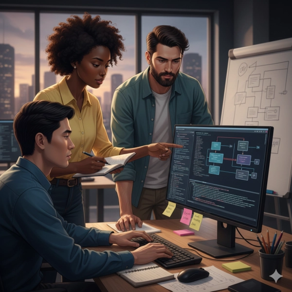 Illustration of software engineers collaborating, reviewing code, and improving systems, emphasizing skills, habits, and teamwork over raw intelligence