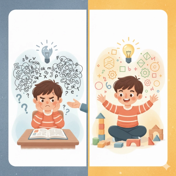 Comparison showing standard verbal IQ tests versus visual-spatial thinking strengths in children