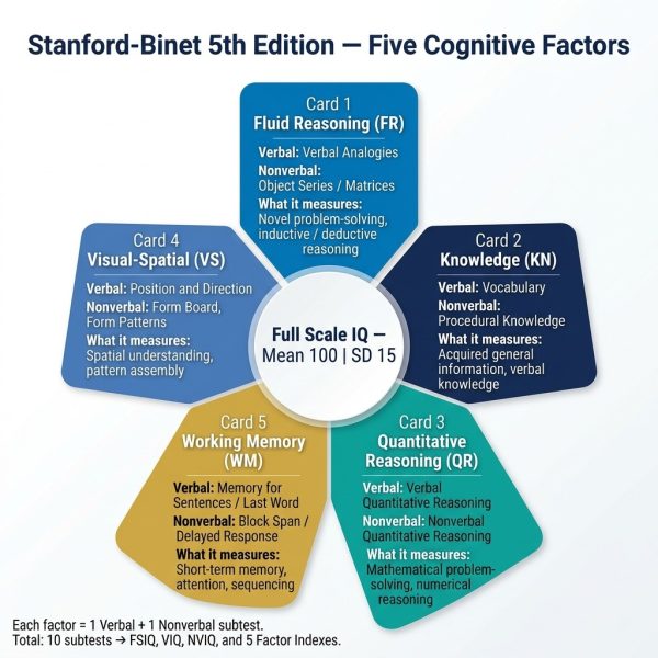 Diagram of the Stanford-Binet Fifth Edition SB5 five cognitive factors Fluid Reasoning Knowledge Quantitative Visual-Spatial and Working Memory