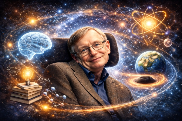 Stephen Hawking illustrated against a cosmic background, symbolizing scientific genius beyond IQ scores