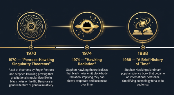 Timeline of Stephen Hawking's key scientific contributions — singularity theorems, Hawking radiation, A Brief History of Time