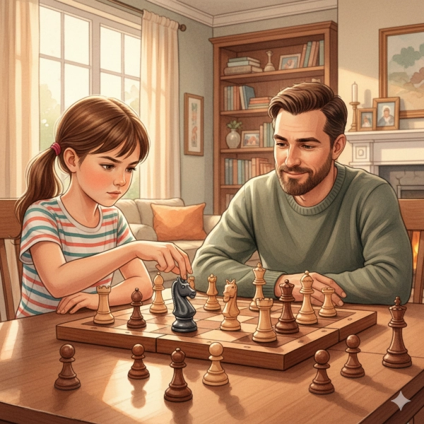 Child playing chess as a strategy brain game to build planning and reasoning skills