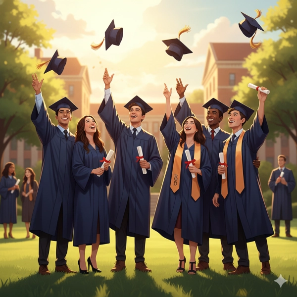 Students celebrating graduation or academic progress regardless of intelligence test scores