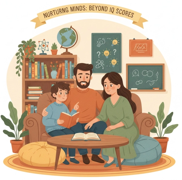 Parents supporting a gifted child with curiosity and emotional understanding beyond IQ scores