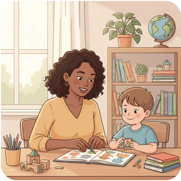 Illustration of a supportive home learning environment helping a child learn at their own pace