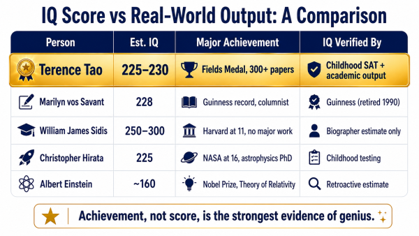 Comparison of Terence Tao achievements against other high IQ figures showing IQ alone does not predict output