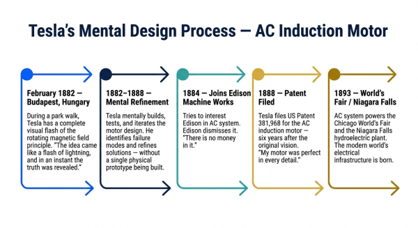 Diagram showing how Nikola Tesla mentally visualised and tested the AC induction motor design over six years before filing patent