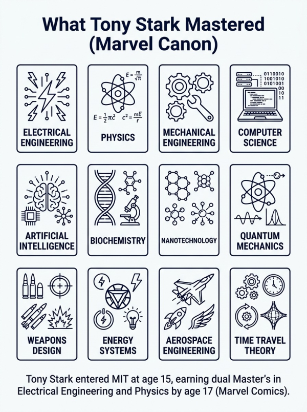 Overview of academic and engineering disciplines mastered by Tony Stark in Marvel Comics and MCU canon