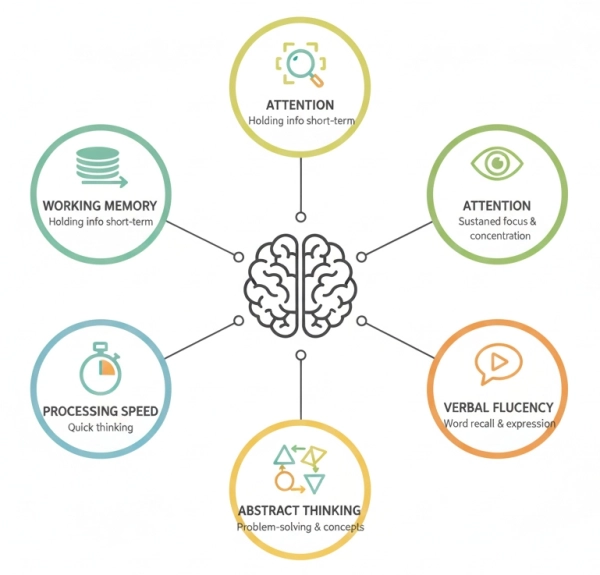 Diagram showing cognitive skills that can be improved, including working memory, attention, processing speed, and verbal fluency