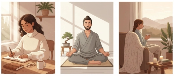 Visual depiction of traits associated with strong intrapersonal intelligence such as reflection, solitude, emotional awareness, and inner balance