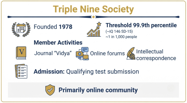 Triple Nine Society overview — founded 1978, 99.9th percentile threshold, Vidya journal, online community