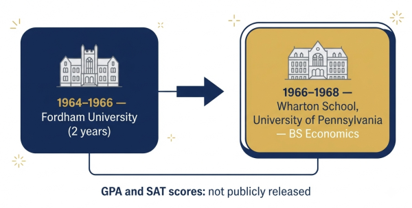 Donald Trump's educational path — Fordham University then transfer to Wharton School, BS Economics 1968