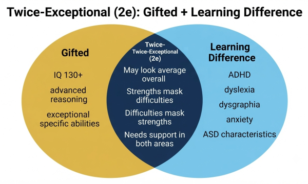 Twice-exceptional 2e children — gifted with co-occurring learning differences like ADHD or dyslexia
