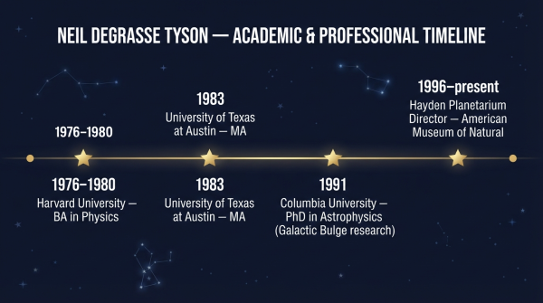 Neil deGrasse Tyson education timeline — Harvard BA 1980, University of Texas MA, Columbia PhD 1991