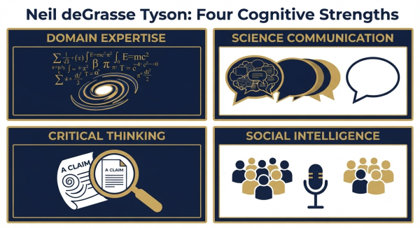 Four cognitive strengths documented in Neil deGrasse Tyson's career — scientific reasoning, communication, epistemology, social intelligence
