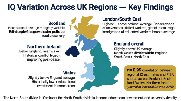 Map-style diagram showing IQ variation across UK regions including England Scotland Wales and Northern Ireland with correlation to PISA scores