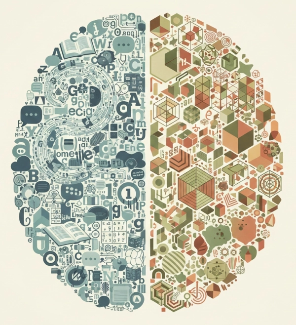 Brain illustration showing verbal language processing versus nonverbal visual-spatial reasoning