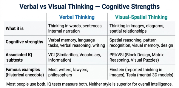 Comparison of verbal thinking and visual spatial thinking styles showing different cognitive strengths associated with each mode