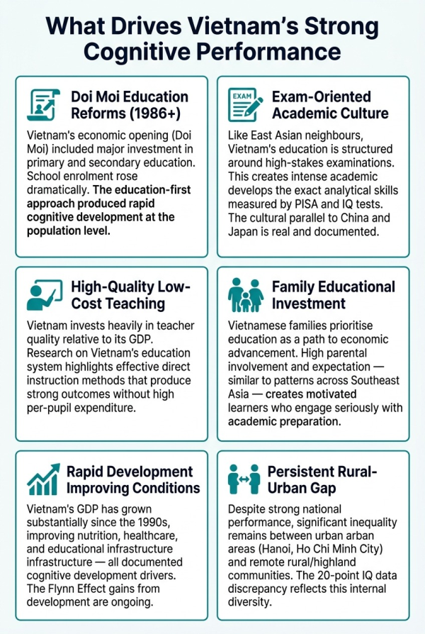 Overview of factors driving Vietnam's strong cognitive performance including exam culture education investment and Doi Moi reforms