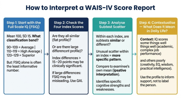 Step-by-step guide to interpreting a WAIS-IV score report showing how to read FSIQ index scores and subtest profiles