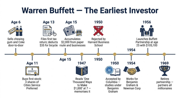Timeline of Warren Buffett childhood business and investing milestones from age 6 selling gum to age 25 founding partnership