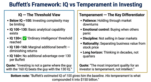 Diagram comparing IQ and temperament in Warren Buffett investment philosophy showing why temperament matters more above threshold