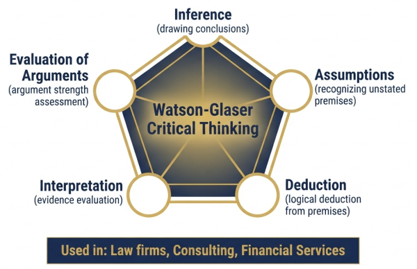 Watson-Glaser Critical Thinking test — five dimensions: inference, assumptions, deduction, interpretation, evaluation