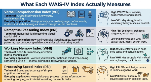 Plain language explanation of what each of the four WAIS-IV index scores measures in everyday cognitive terms