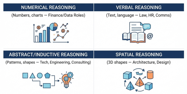 What cognitive ability tests measure in recruitment — numerical, verbal, abstract, spatial reasoning