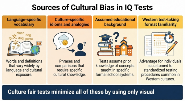 Sources of cultural bias in IQ tests — vocabulary, idioms, educational background, test format conventions