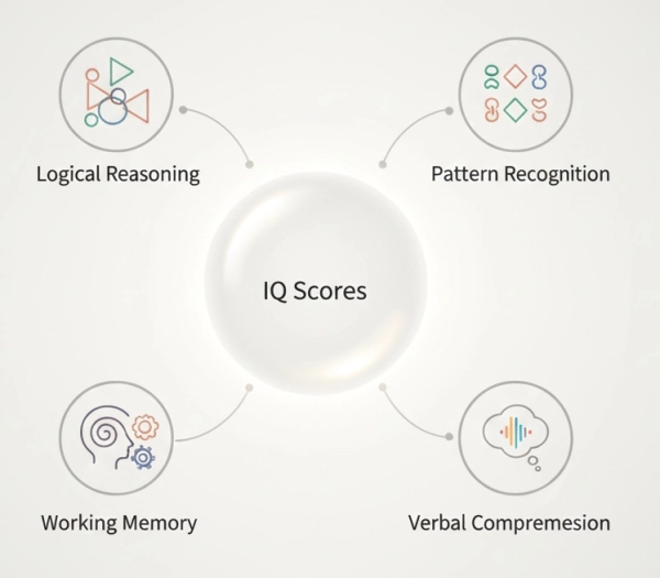 Educational illustration showing cognitive abilities measured by IQ tests such as reasoning, memory, and verbal skills