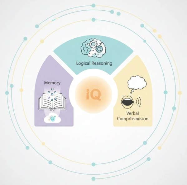 Educational illustration showing cognitive abilities measured by IQ tests such as reasoning, memory, and verbal skills