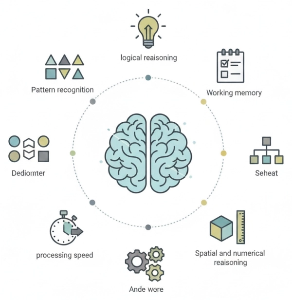 Diagram illustrating cognitive abilities measured by IQ tests including logical reasoning, working memory, processing speed, and pattern recognition