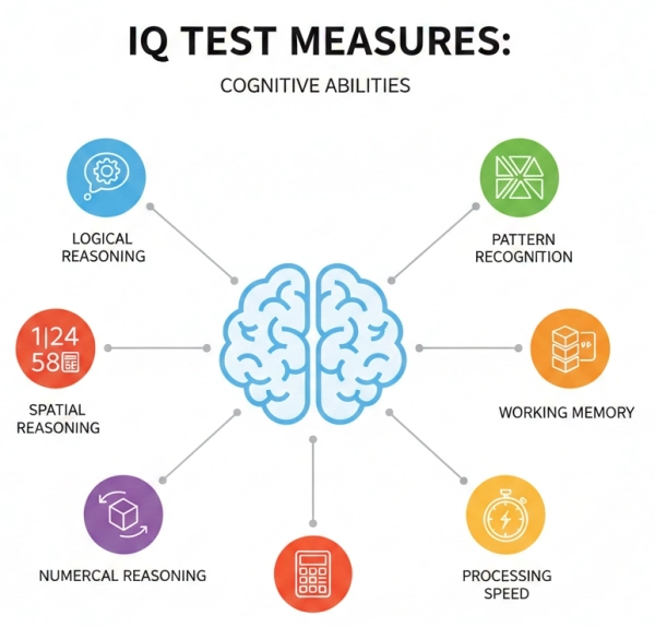 Cognitive abilities measured by IQ tests including reasoning, working memory, processing speed, and pattern recognition