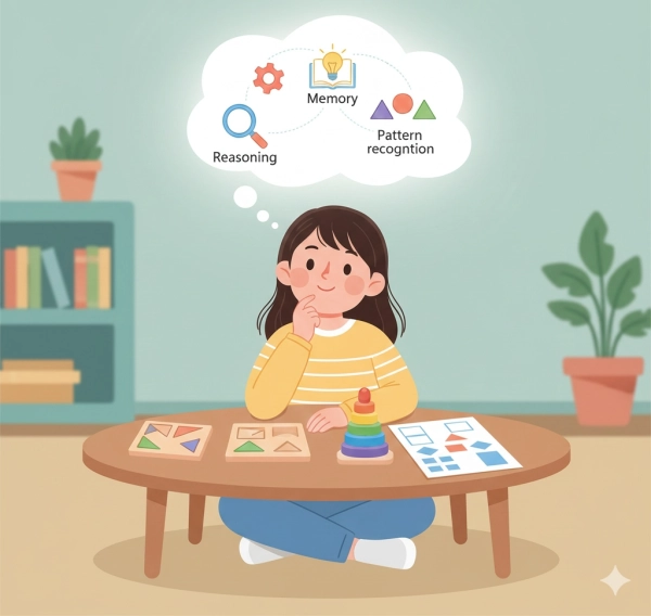 Illustration showing cognitive skills measured by IQ tests in children, such as reasoning, memory, and problem solving