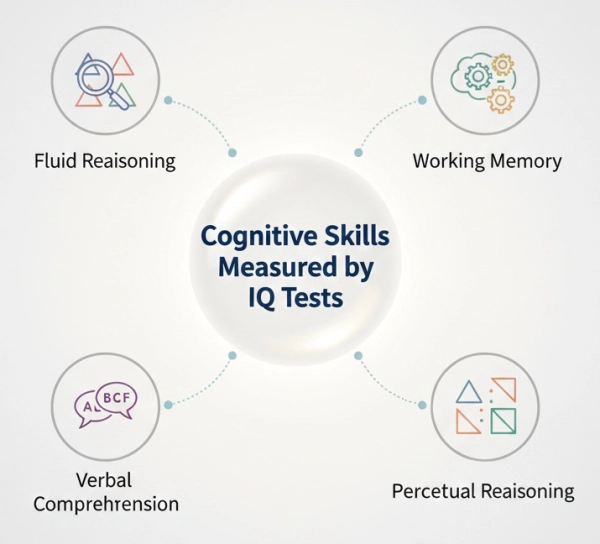 Diagram-style illustration showing the cognitive skills measured by IQ tests in children